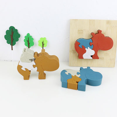 Giocattoli animali stanti del bambino di puzzle del puzzle di legno dell'ippopotamo e del silicone per il gioco del bambino