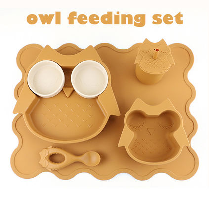 Le stoviglie durevole molli del silicone hanno messo la busbana francese della tazza di Owl Plate Bowl Spoon Sippy